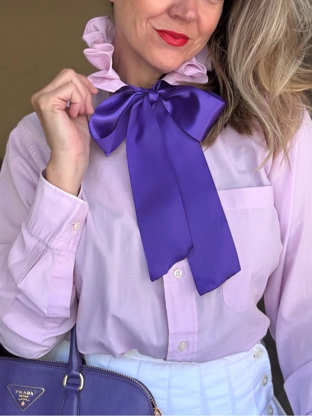 Upcycled Vintage Dior purple button down with bow size medium
